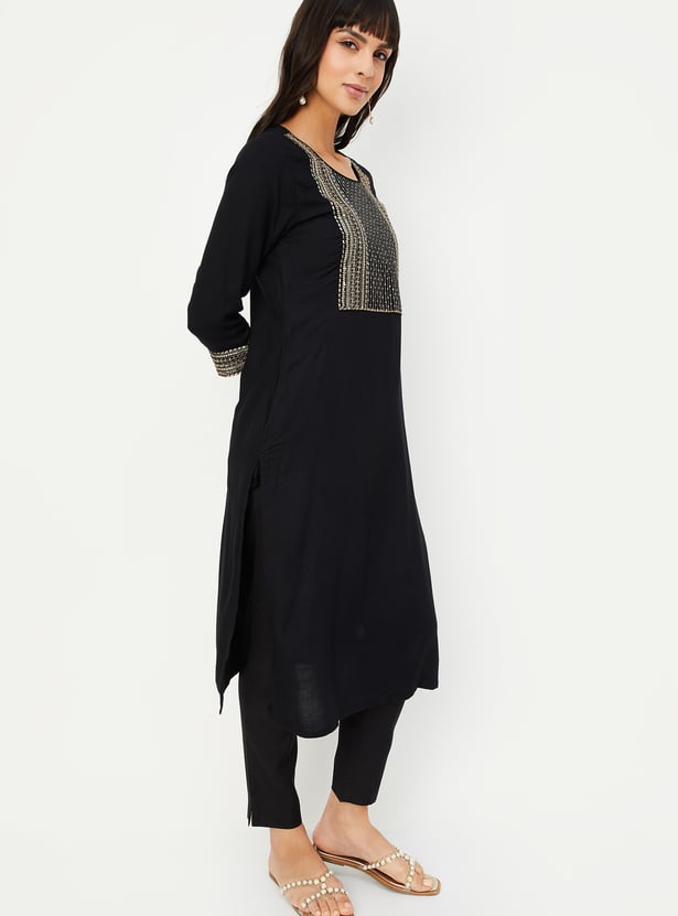 Women Solid Straight Kurta with Trousers