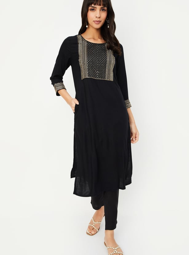 Women Solid Straight Kurta with Trousers
