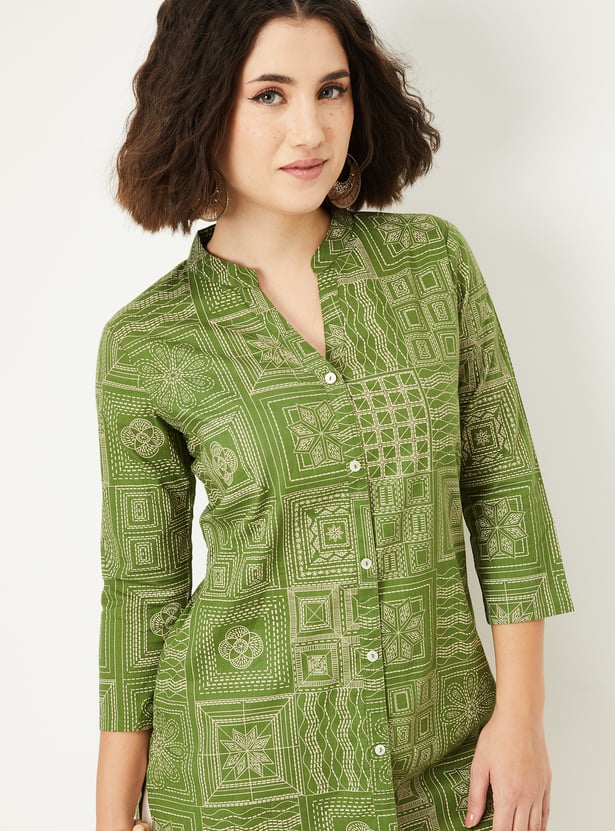 Tiiksa Women's Olive Green Geometric Print Button-Down Kurti