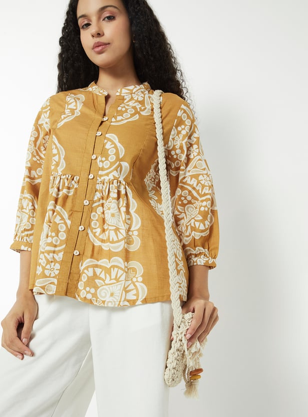 Tiiksa Women's Mustard Brown Ethnic Print Peplum Top