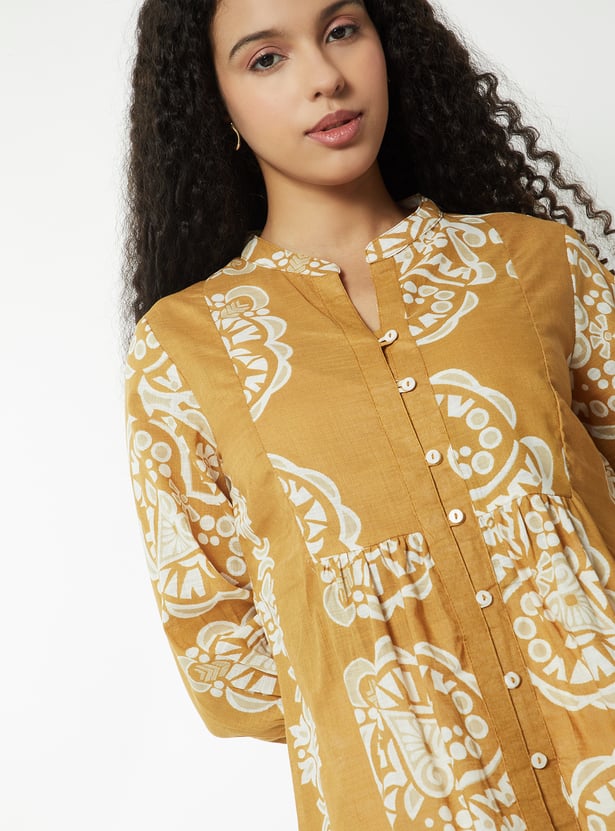 Tiiksa Women's Mustard Brown Ethnic Print Peplum Top