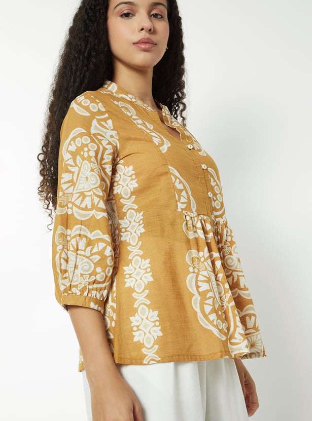 Tiiksa Women's Mustard Brown Ethnic Print Peplum Top