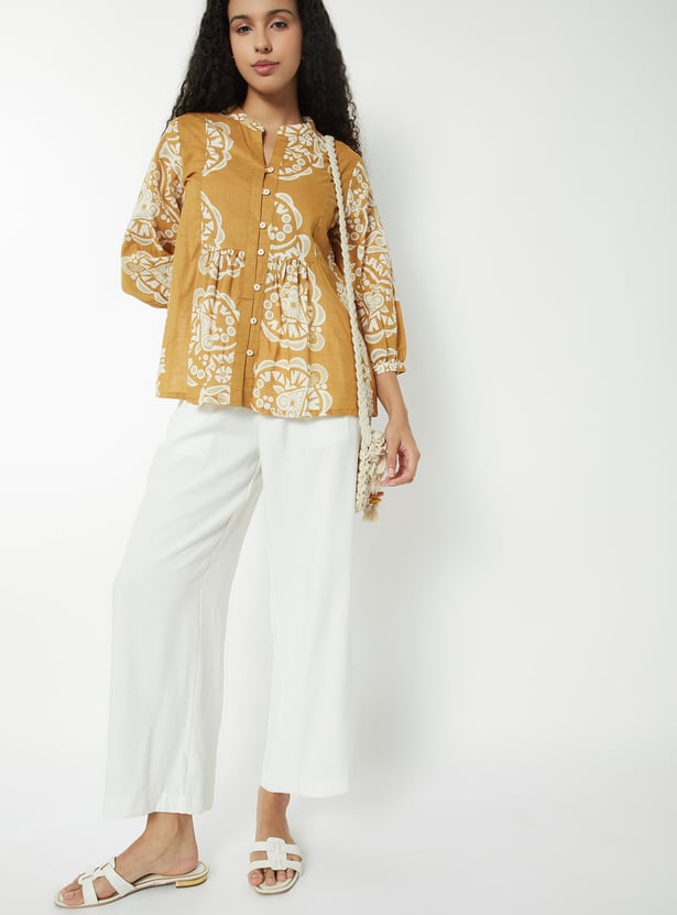 Tiiksa Women's Mustard Brown Ethnic Print Peplum Top