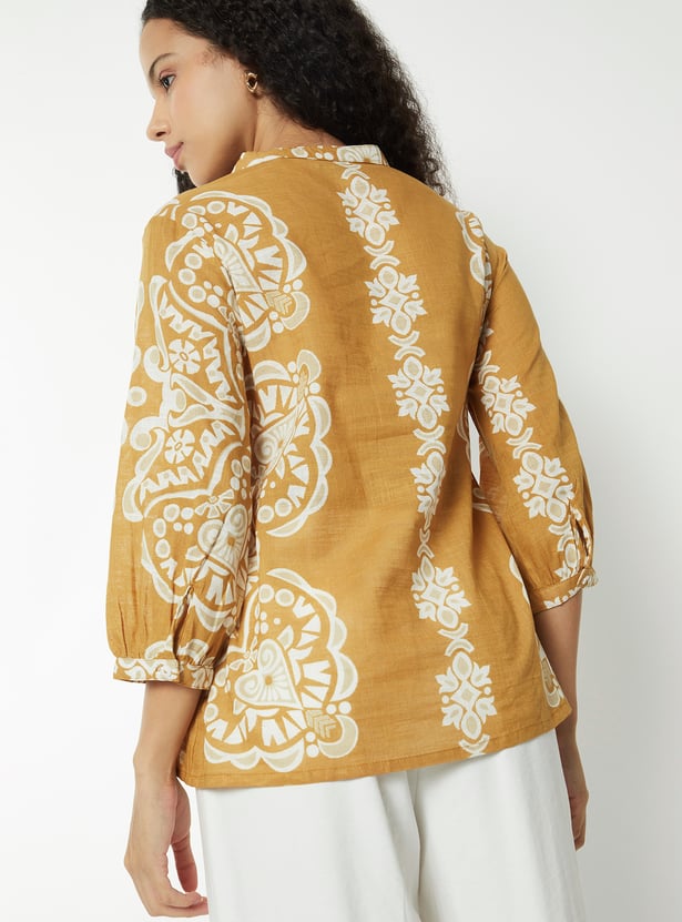 Tiiksa Women's Mustard Brown Ethnic Print Peplum Top