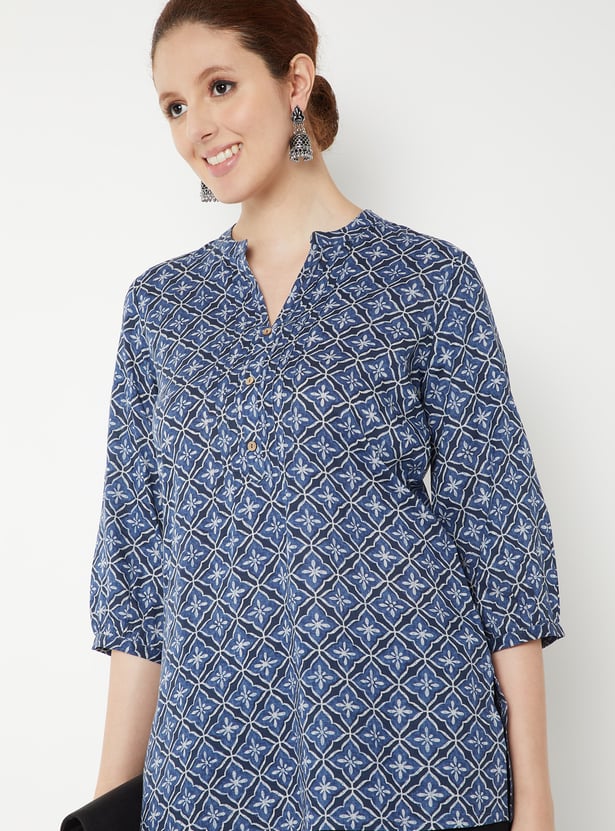 Tiiksa Indigo Blue Block-Print Style Tunic with Notch Neckline