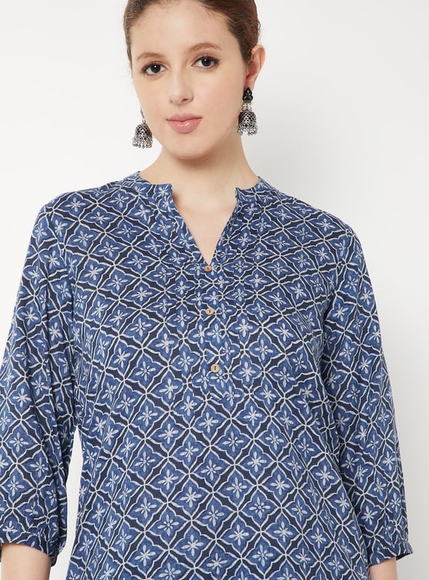 Tiiksa Indigo Blue Block-Print Style Tunic with Notch Neckline