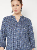 Tiiksa Indigo Blue Block-Print Style Tunic with Notch Neckline