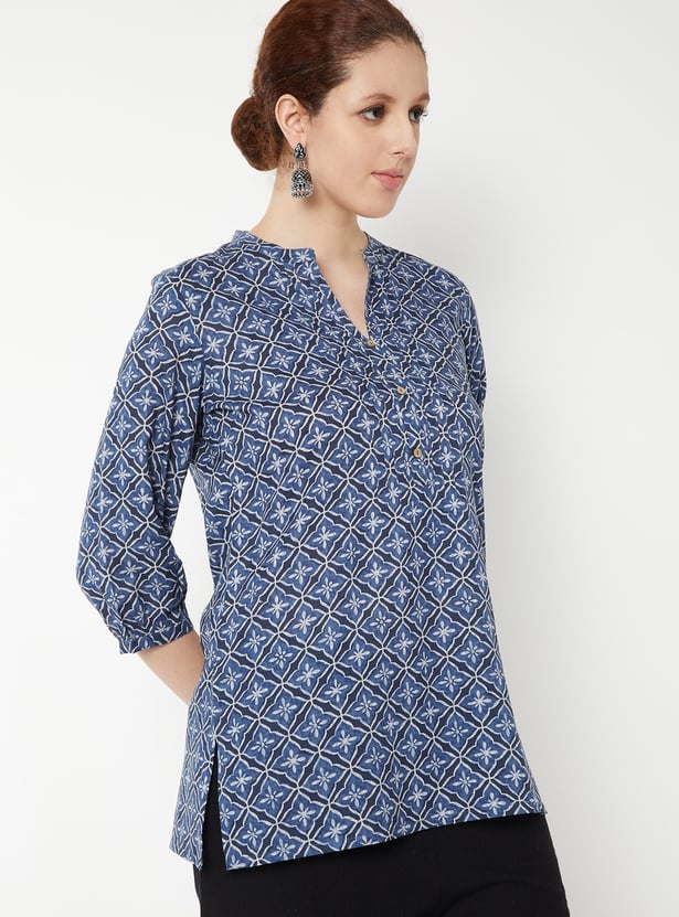 Tiiksa Indigo Blue Block-Print Style Tunic with Notch Neckline