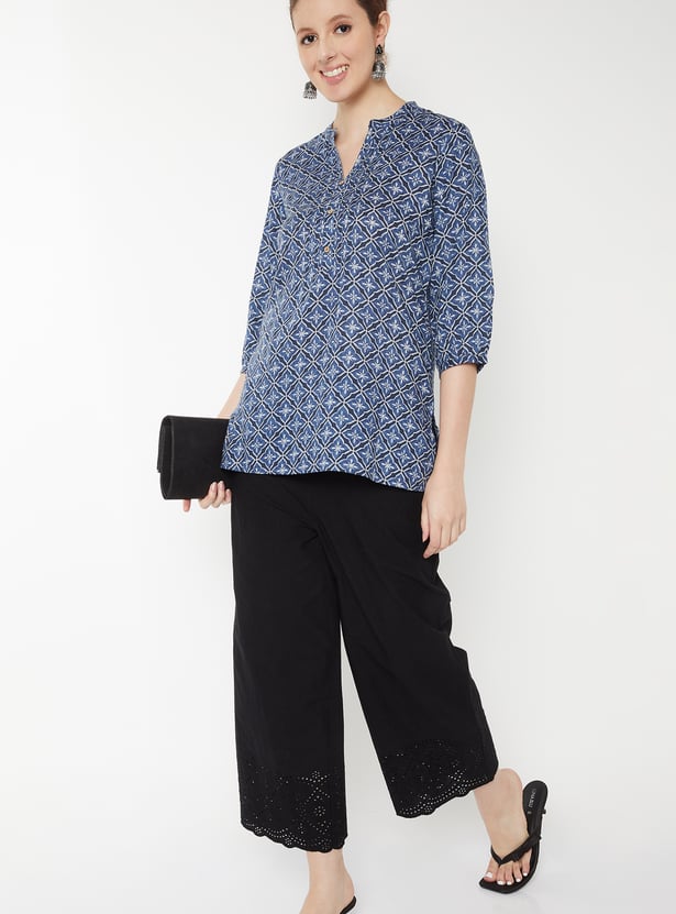 Tiiksa Indigo Blue Block-Print Style Tunic with Notch Neckline