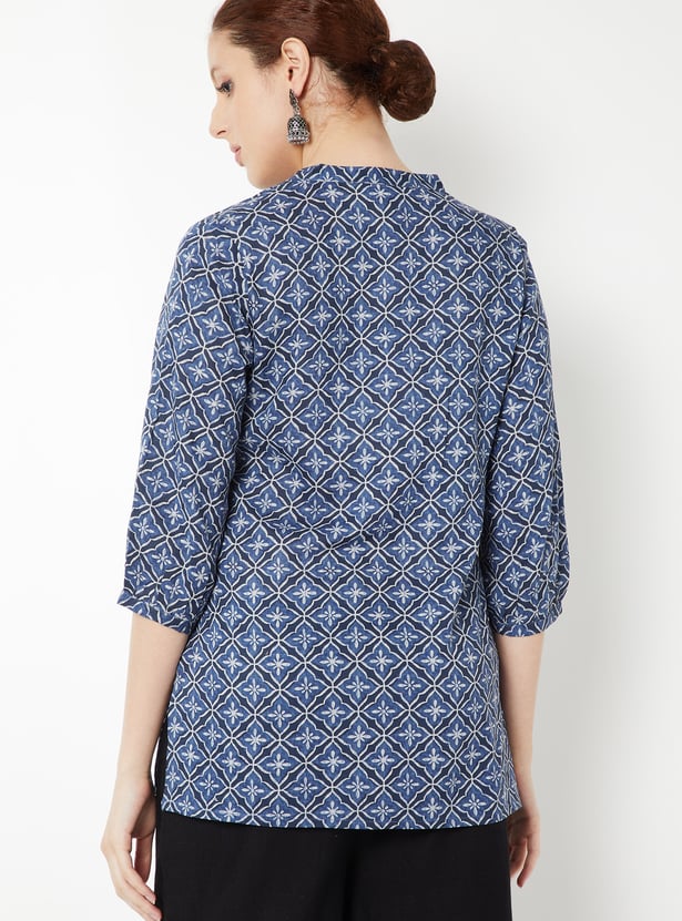Tiiksa Indigo Blue Block-Print Style Tunic with Notch Neckline