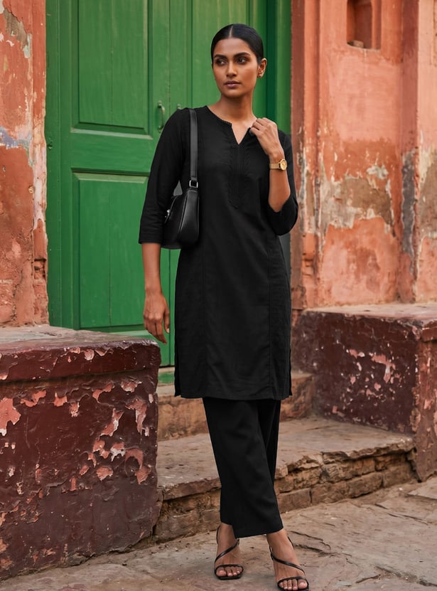 Women Solid Straight Kurta with Trousers