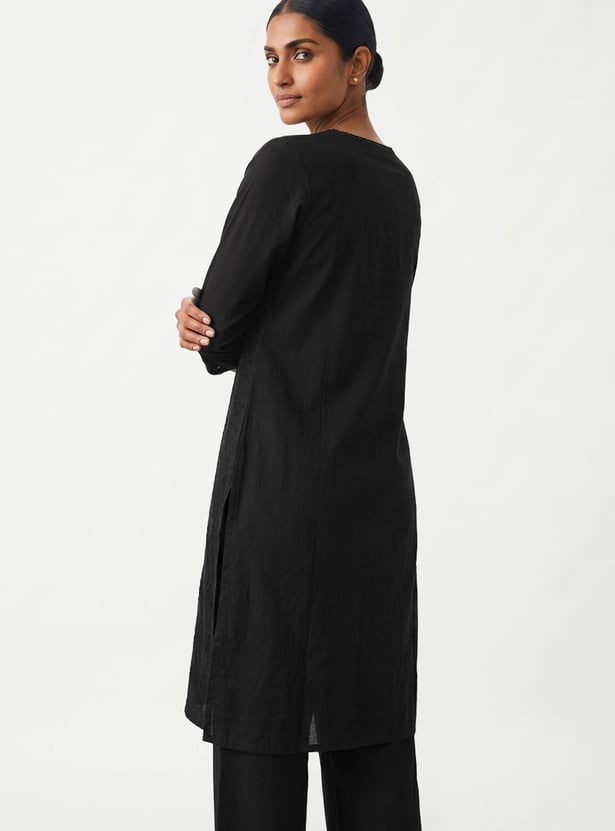 Women Solid Straight Kurta with Trousers