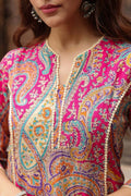 Tiiksa Women's Vibrant Pink Paisley Print Kurti with Lace Detailing