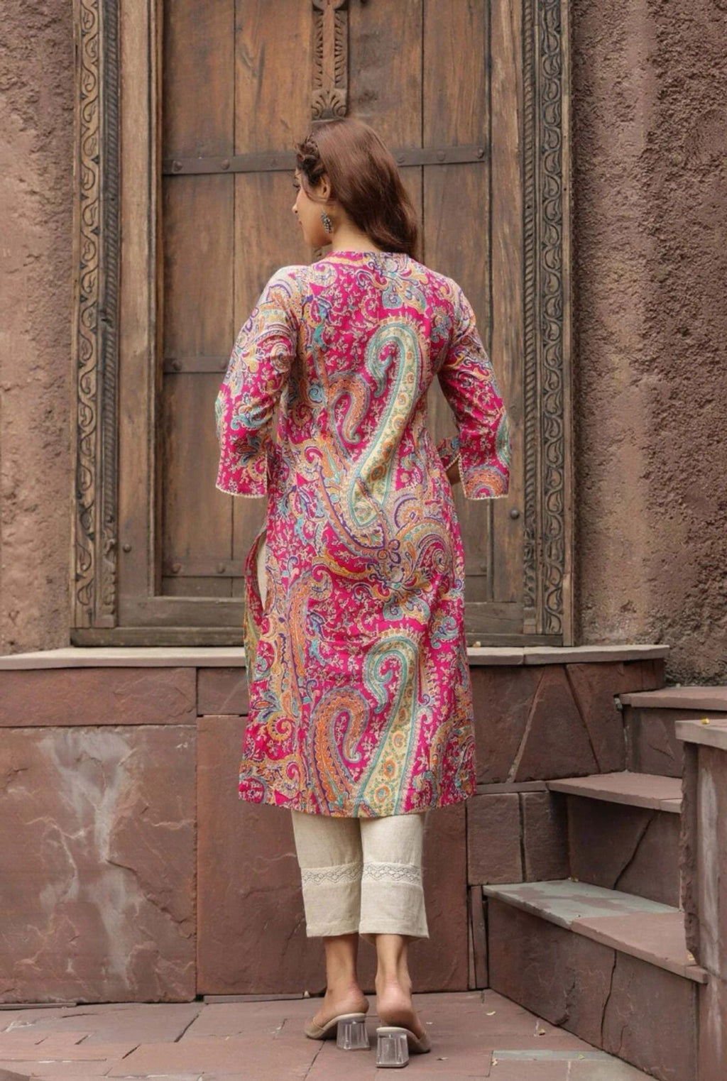 Tiiksa Women's Vibrant Pink Paisley Print Kurti with Lace Detailing