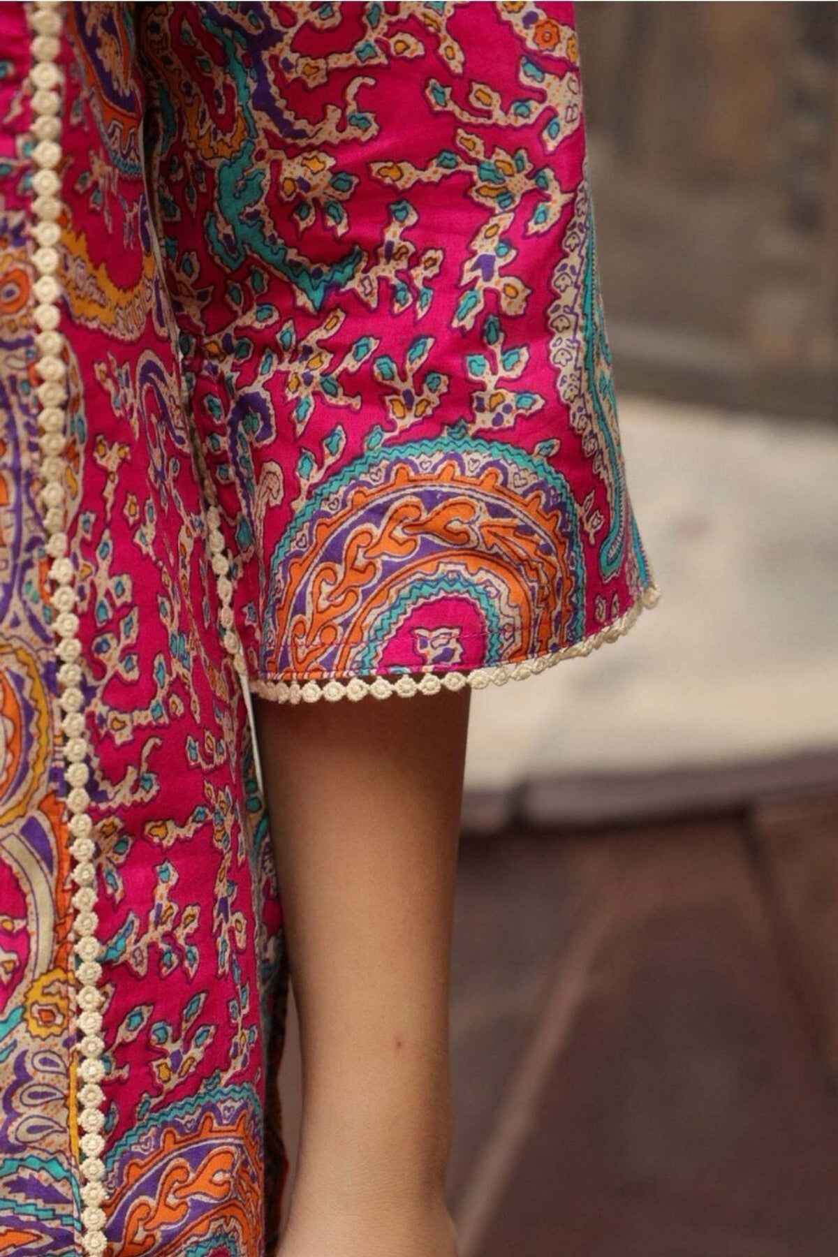 Tiiksa Women's Vibrant Pink Paisley Print Kurti with Lace Detailing